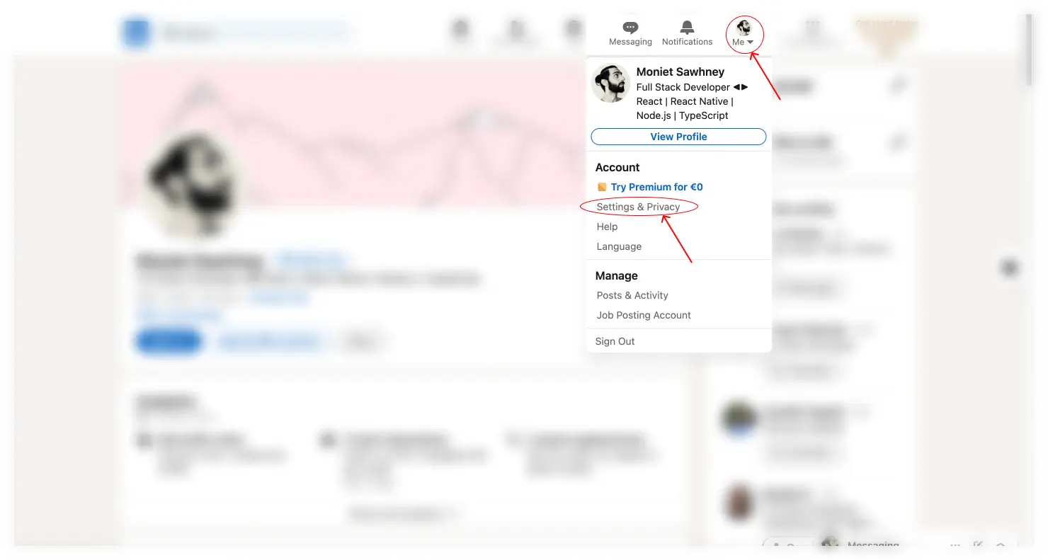 Image showing where LinkedIn settings is located