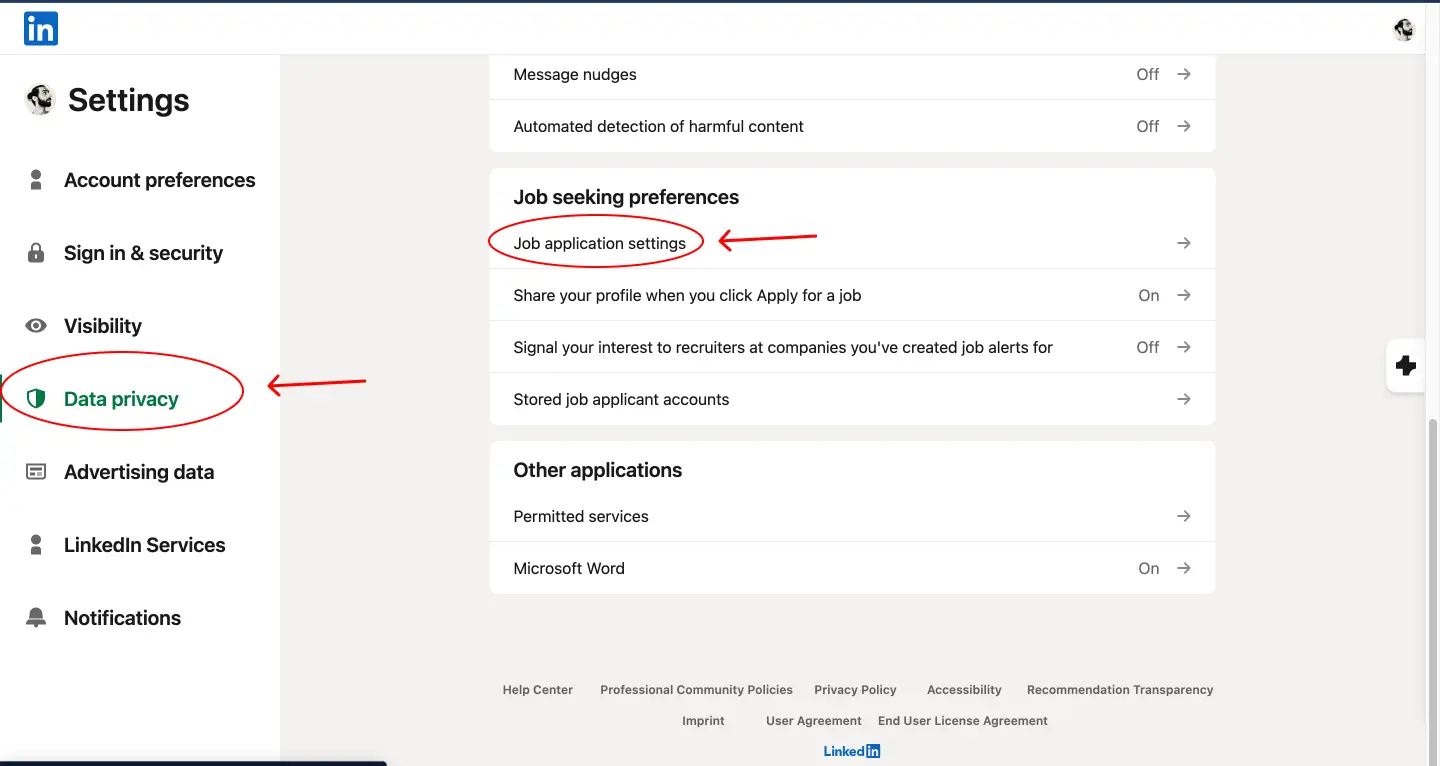 Image showing how to navigate to job application preferences in LinkedIn